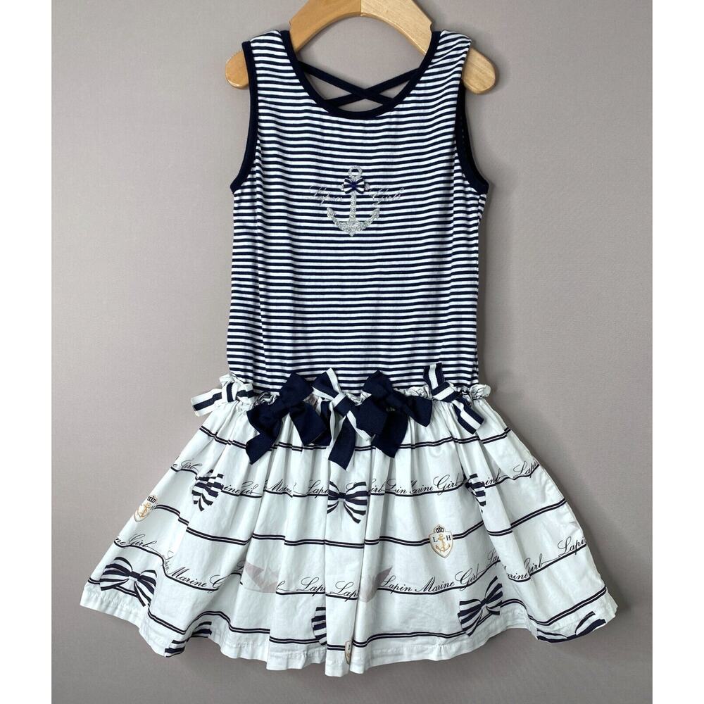 Lapin House Navy/White Nautical Anchor/Bow Sleeveless Dress Girls 8 Yrs (~7?)